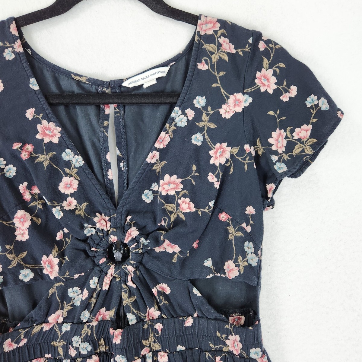 American Eagle Dress Womens Small Black Pink Floral A Line Twist Keyhole  Front