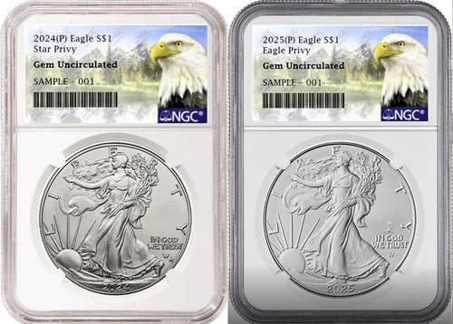 2 coin set 2024 and 2025 p silver eagle with privy ngc gem uncir mtn   presale