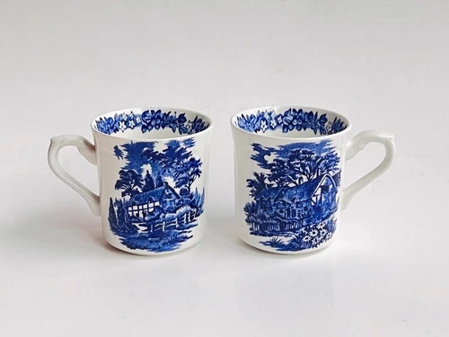 J & G Meakin Romantic England Blue Set of 2 Coffee Cups Ann Hathaway's Cottage