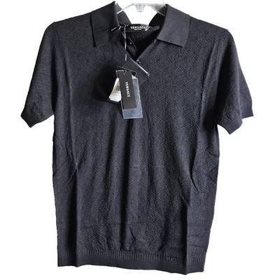 VERSACE SS23 Black Knit Short Sleeve Polo Shirt $1075 Retail SZ 46 (US SMALL)