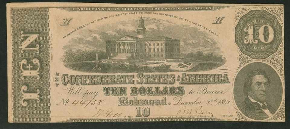 PMG AU53. T-52 1862 Confederate States $10 Civil War Obsolete Banknote Currency - Image 3 of 4