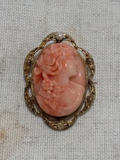 GORGEOUS Antique Victorian 14K Gold Carved Coral Cameo Pendant - Brooch