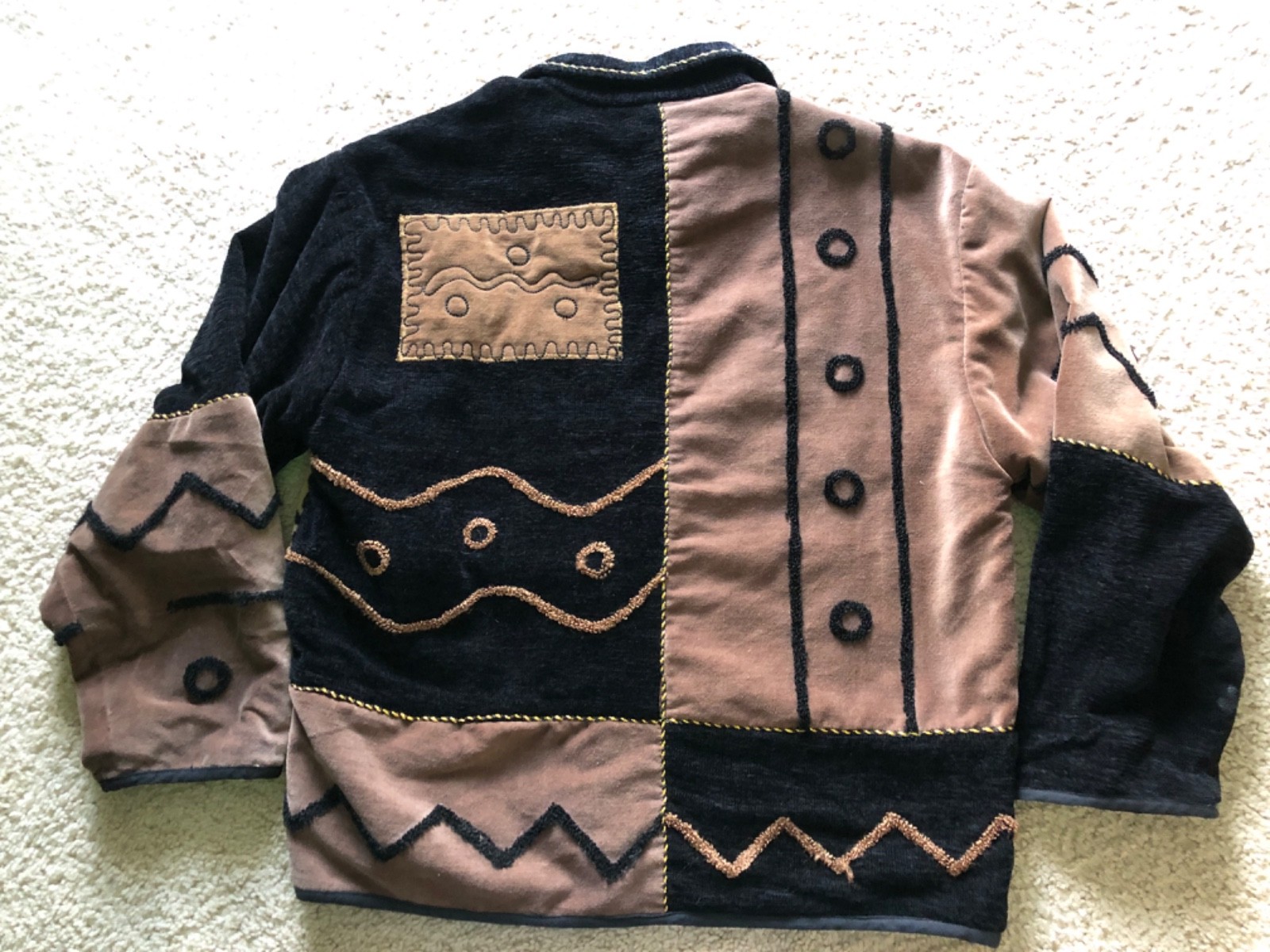 Vintage Patchwork Coat Button Close Black Tan Leo… - image 2