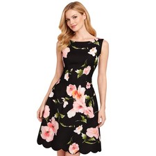 Vince Camuto Dress Uk 12 Black Pink Floral Sleeveless Fit & Flare Scallop Hem