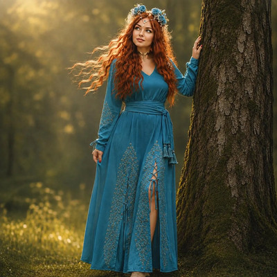 Maxi Dress, Embroidered Lace-Up Front Slits, Rayon Chiffon Gown, WWC30