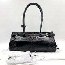 Auth Prada Shoulder Tote Bag Black Crinkled Leather Gold Hardware Buckle Detail