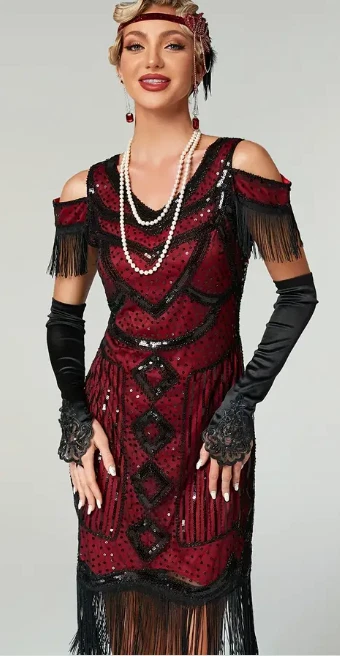 FLAPPER 1920s DRESS-Vintage Style 1920s Flappe Dress - Sequined Tassel, LGE - Image 3 of 4