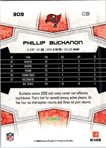 2008 Score #309 Phillip Buchanon - Picture 2 of 2