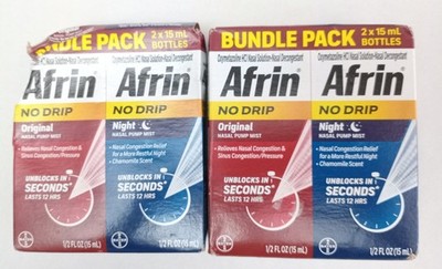 2pk Afrin No Drip Original + Night Nasal Pump Mist 12 Hour Relief 15ml Exp 4/26