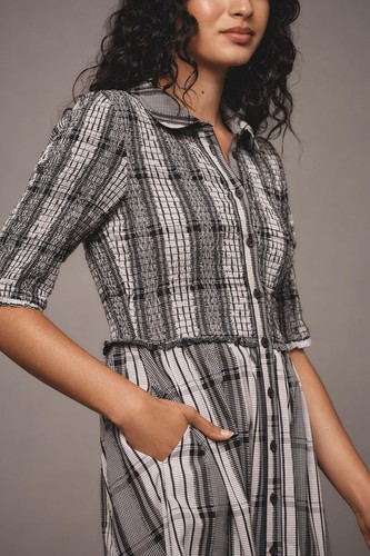 Nuevo Vestido Camisa Midi Anthropologie Maeve Manga Corta Calado Pequeño Negro Blanco L - Imagen 4 de 10