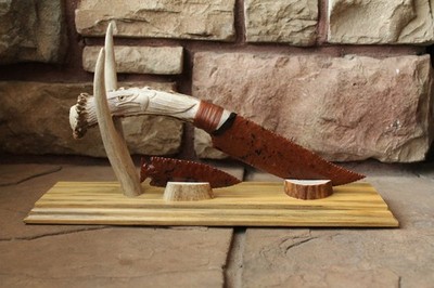 Pumpkin obsidian knife ~Flintknapping ~Carved deer antler knife ~pine knife stan