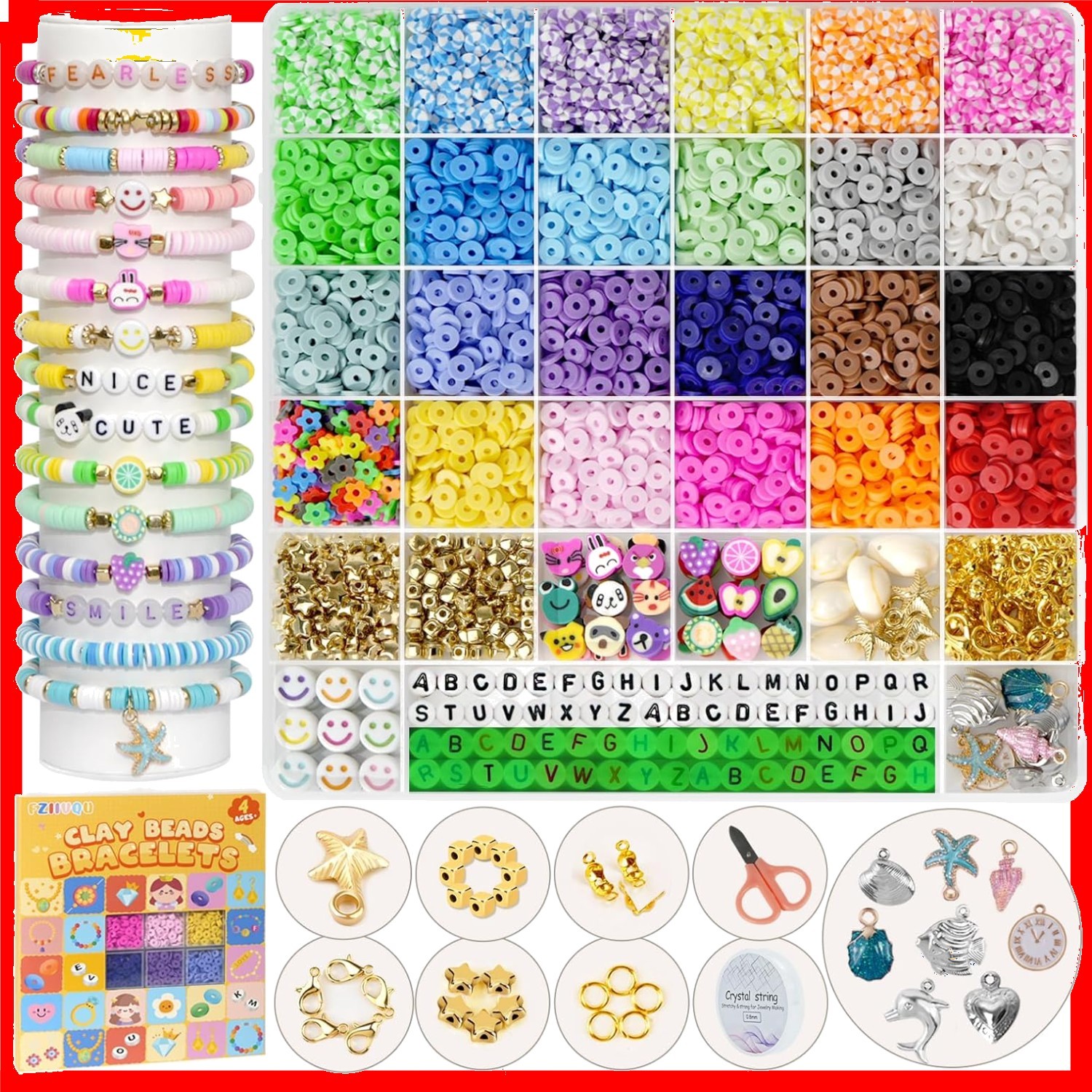 Perles pour bracelet anti-nœud FZIIVQU tri de 24 couleurs boîte de rangement fixe