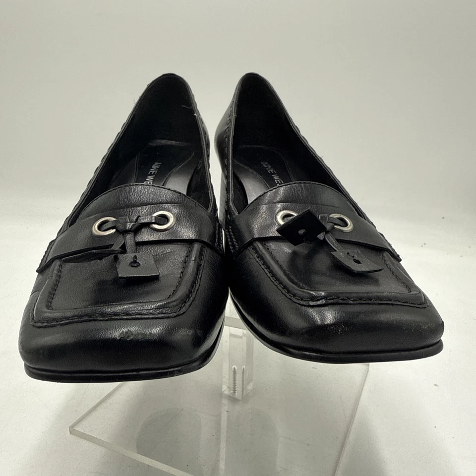 NINE WEST Zapatos de Tacón Bloque para Mujer 7.5 M Cuero Negro Puntera Cuadrada Sin Cordones Foto 2 de 4