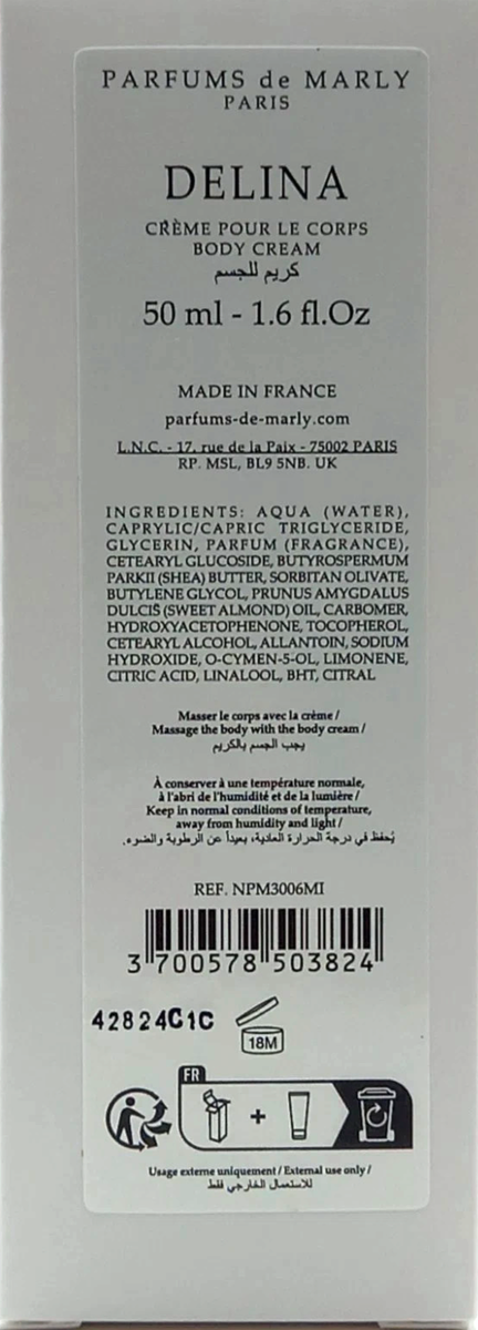 Parfums De Marly Delina Body Cream For Women 1.6 Oz / 50 ml Never