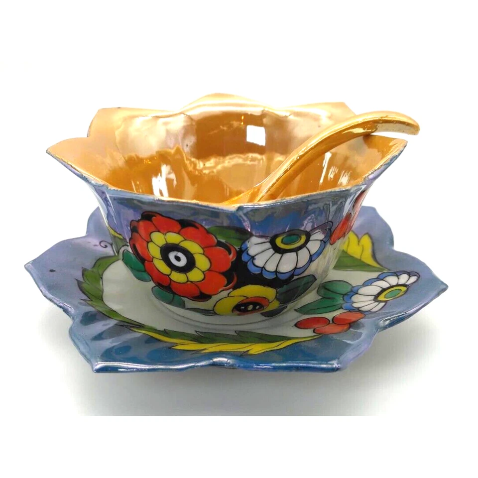 Cuenco para servir Elite B vintage con platillo y cuchara brillo con patrón floral Japón Foto 2 de 4