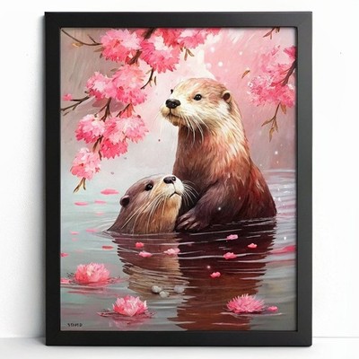 Zwei Otter Wandbilder moderne Drucke niedlicher Otter Kunstwerk rosa Kunstwerk für Lounge (3)