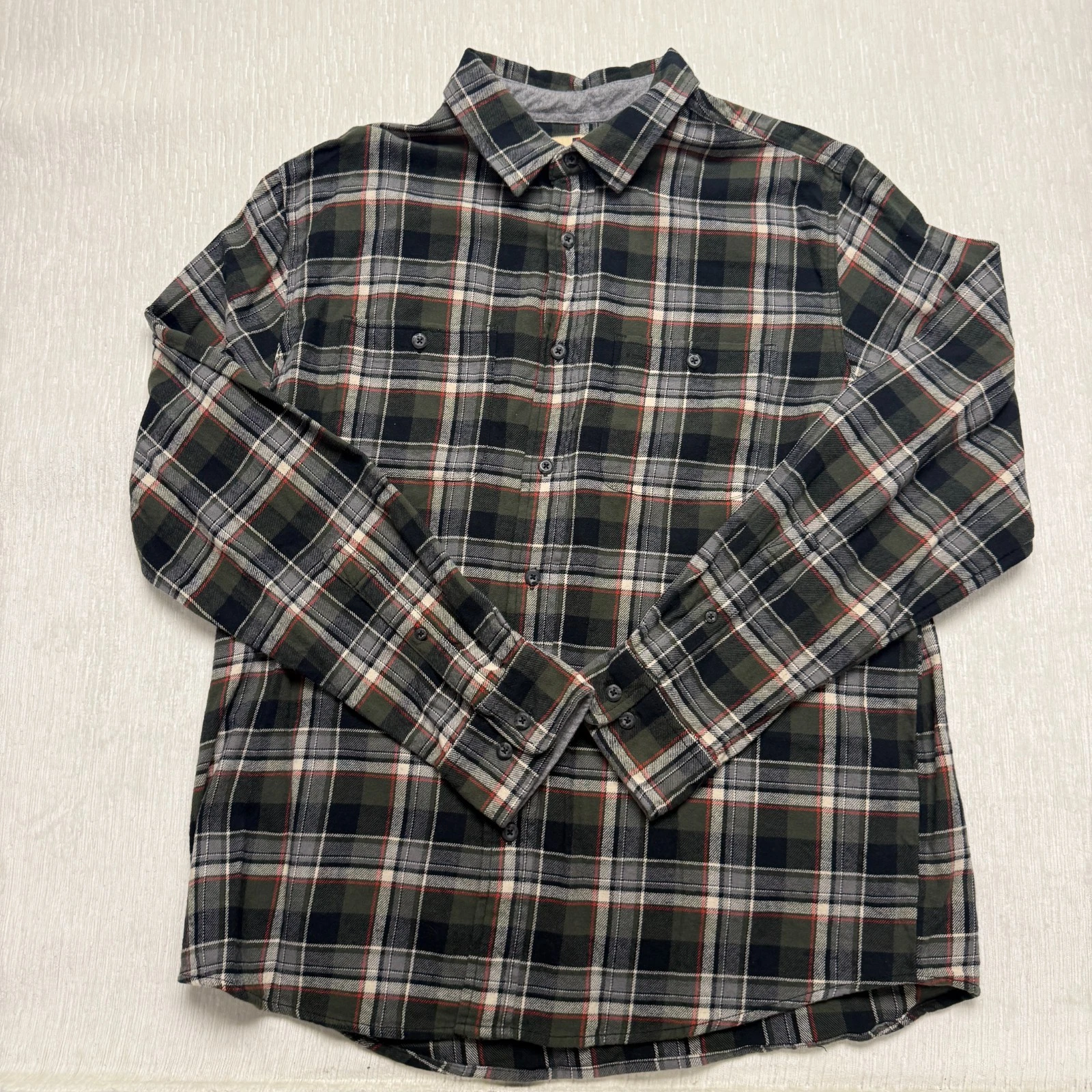 Woolrich Button Up Flannel Shirt Mens XL Green Gray Tartan Plaid Cotton Casual