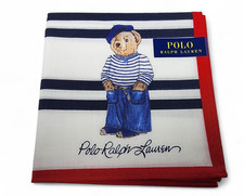 Polo Ralph Lauren Bear Hankie Red Border Navy Stripe Cotton Handkerchief 49cm