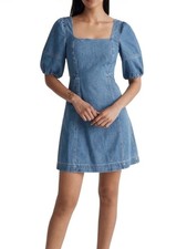 MADEWELL Denim Maisie Puff Sleeve Square Neck Babydoll Mini Dress NL440 size 10