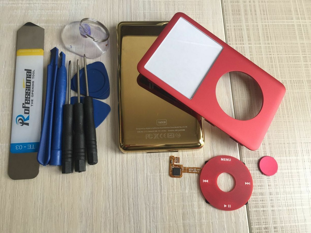 GOLD iPod Classic 160GB Back + Red Faceplate Housing Case +