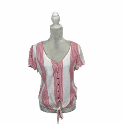 Roxy Tie Front Button Up Top Stripes Red White Summer Pinup Retro Look Beach S