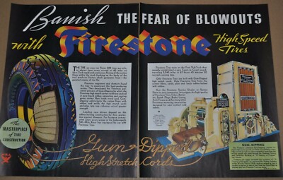 1934 FIRESTONE TIRE 2-page advertisement, gum dipped factory machine