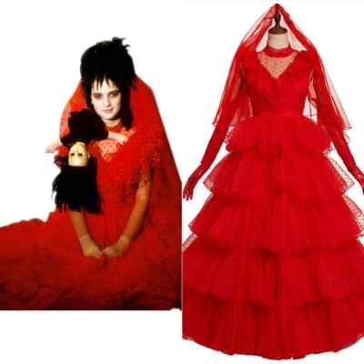 Beetlejuice Lydia Deetz Red Wedding Dress Party Carnival Halloween Cosplay Costume