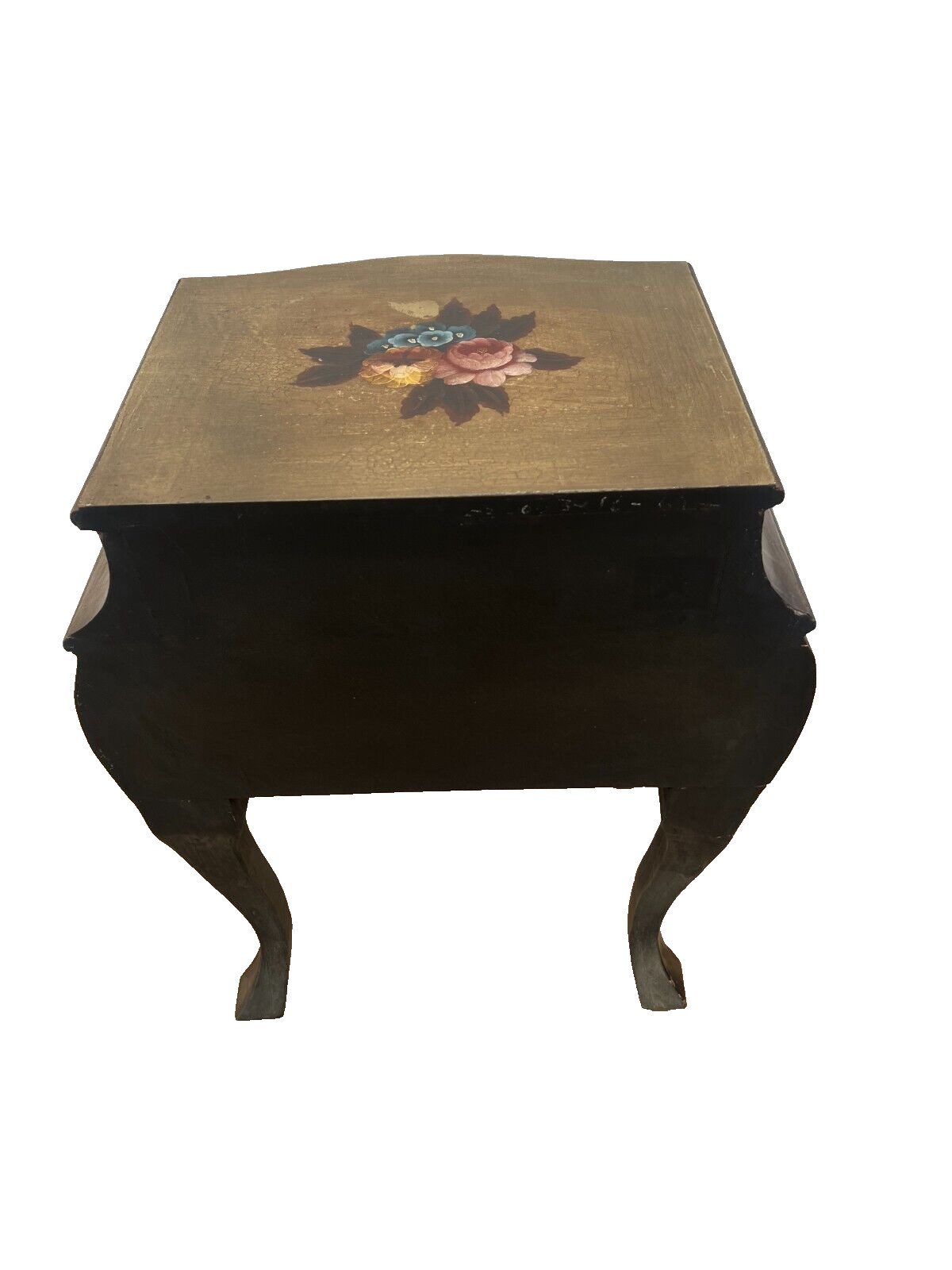 French Bombe Nightstand Chest Hand Painted Roses Rattan Trim Felted drawer