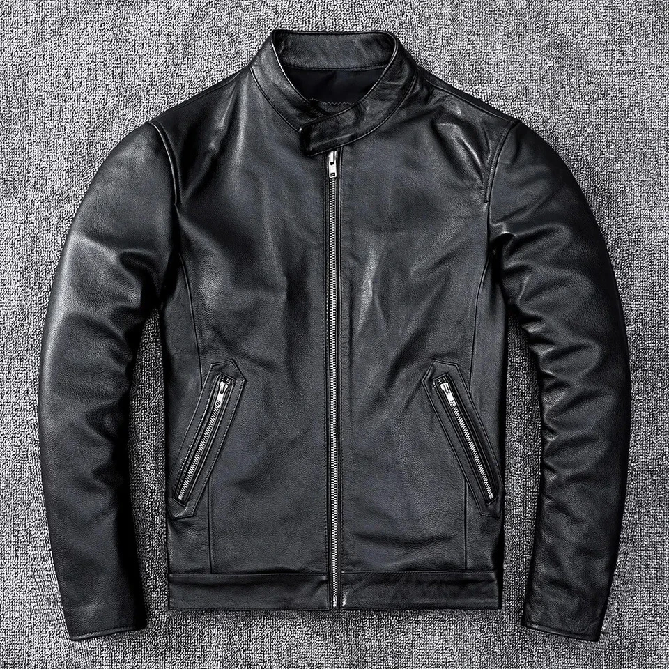 Men's Cowhide Leather Jacket Motorcycle Slim Fit Collar Up Biker Casual Jacket - Image 2 of 4