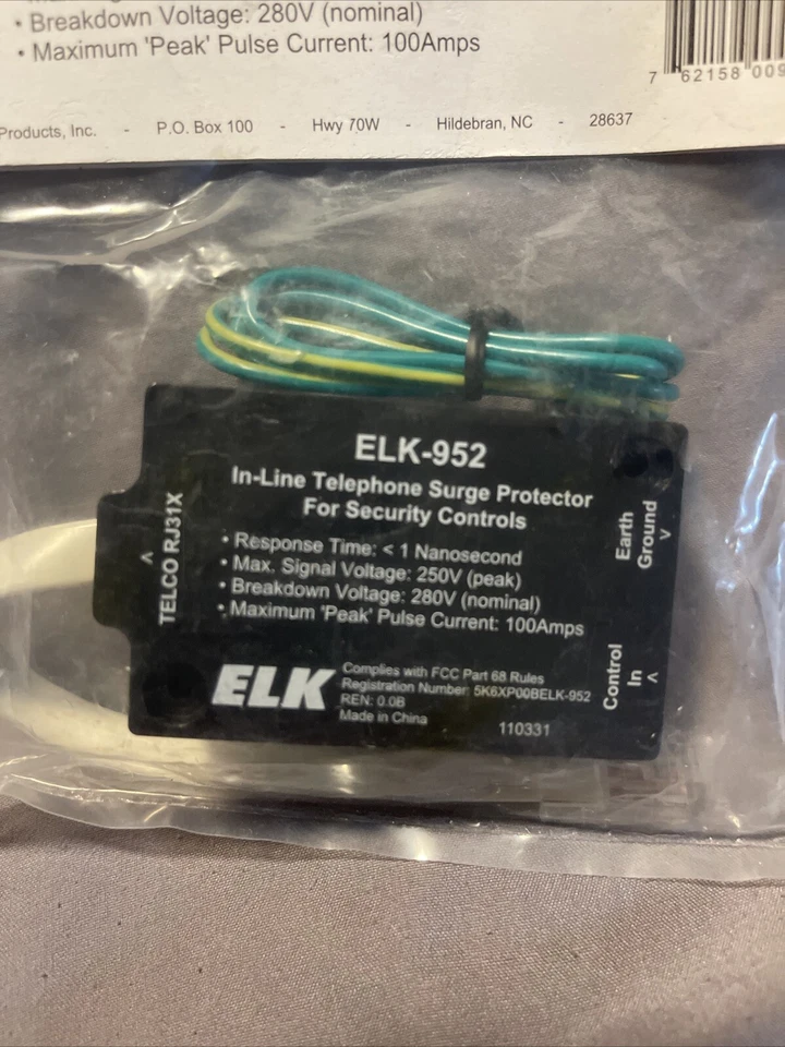 Elk Home Alarm Security In-line Telephone Surge Protector Elk-952 1 nanosecond - Image 2 of 4