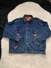Marlboro Womens Denim Jacket Floral Skulls Size Large Botton Down Collared