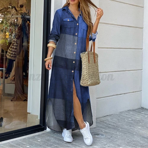 Damen Freizeit Kragen Langarm Shirt Kleid Blumen Knöpfe Lose Midikleid - Bild 33 von 46