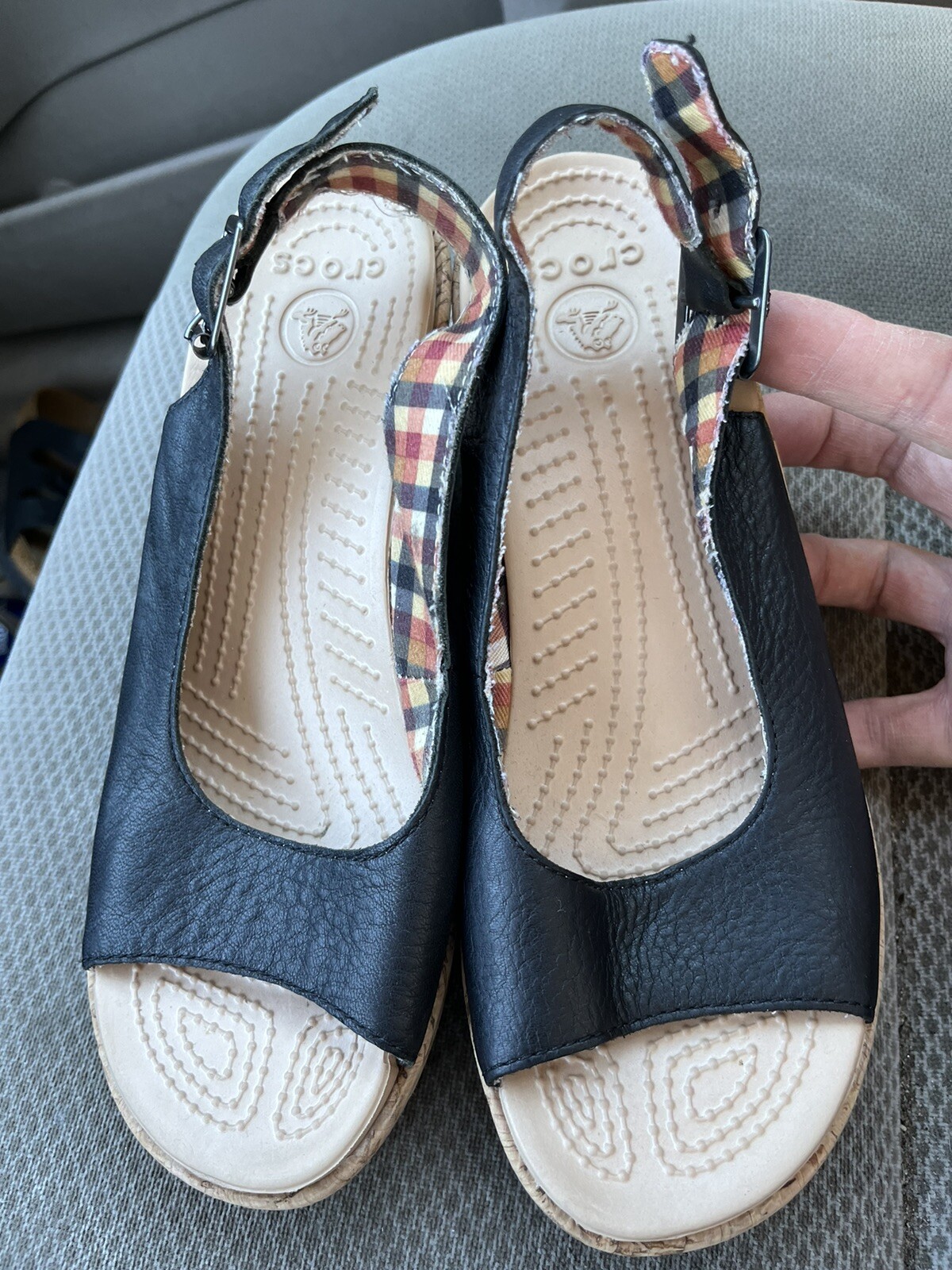 Crocs A-Leigh black leather platform slingback buckle wedge sandals size 6  VGUC – ASA College: Florida