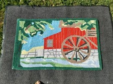 Vintage Hand Hooked Throw Rug Red Barn Water Wheel Landscape.