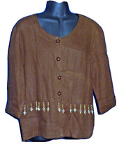 Women's, Jacket/top, 100% Linen, Beaded Accent, Vintage, 3/4 Sleeve, Brown, 6
