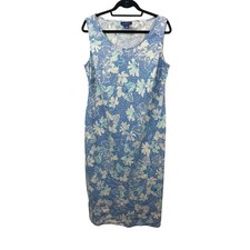 Charter Club Womans Linen Sleeveless Maxi Shift Dress 16W Blue Floral Vacation