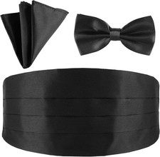 Black Bow Tie Cummerbund for Men Handkerchief Set Adjustable Solid Cumberband f
