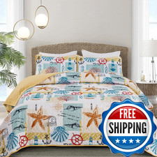Djy Quilt Set King Coastal Beach Theme Quilt Coverlet Set Soft Microfiber