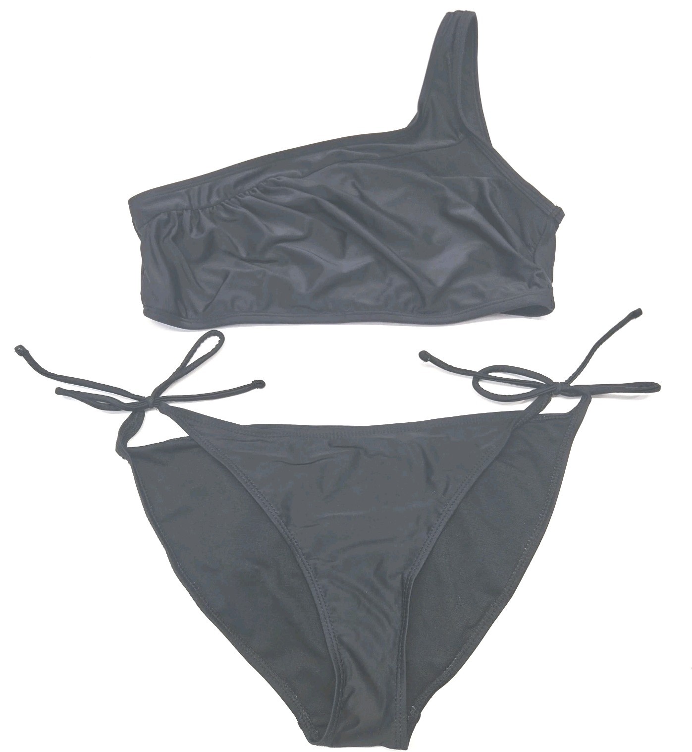 One Shoulder Bikini 2 pc Swimsuit Women Size L 11-13 Black Adjustable