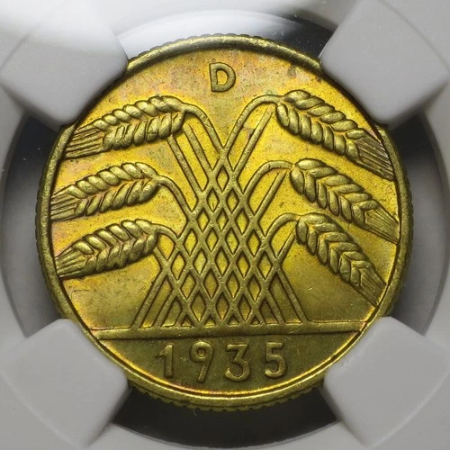 Germany Weimar Republic 1935 D 10 Reichspfennig, KM# 40, NGC MS 66 Top Pop!