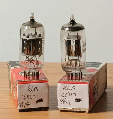 2- Vintage Tested Good RCA 6EU7 Amplifier Audio Radio  Black Plate Vacuum Tubes