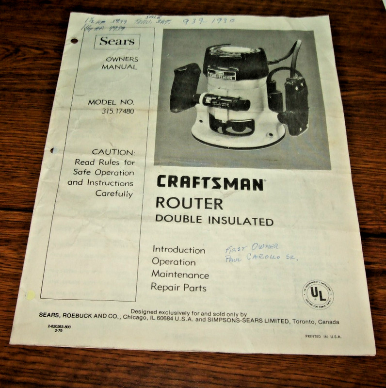 SEARS CRAFTSMAN ROUTER DOUBLE INSULATED MODEL NO.  315. 17480 OWNERS  MANUAL