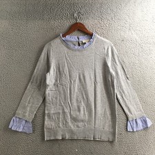 LOFT Outlet Sweater Womens M Gray Knit Ruffle Striped Trim Long Sleeve Pullover