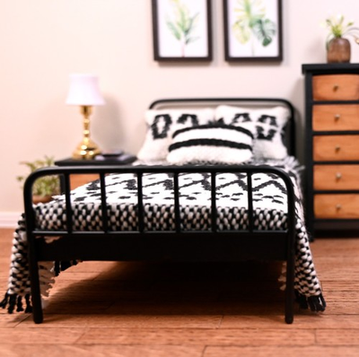 #ad Miniature Black Iron Bed and Mattress 1:12 scale dollhouse furniture $14.99