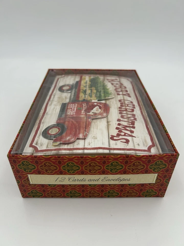 Punch Studio Embellished Holiday Christmas Cards Santa In A Tree Truck Set 12 - Image 2 of 4