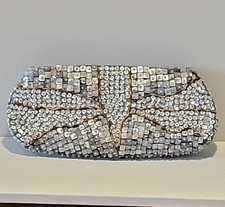 Vintage Silver Beaded Clutch Bag Zip Closure Rectangle Shape Women