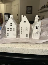 Set of 3 White Ceramic Houses Pre-Lit with LED Tealight Xmas Holiday Village