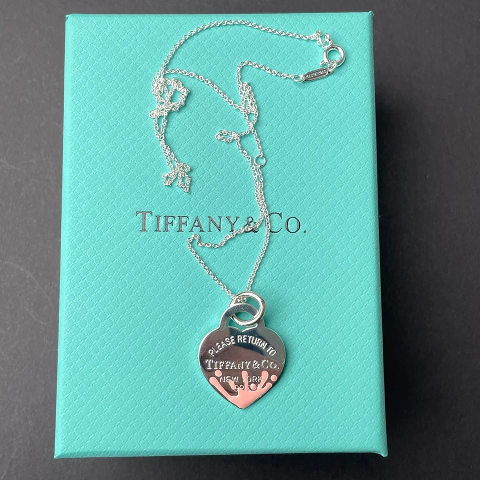 Collar Colgante Corazón Retorno Esmalte Salpicaduras Rosa Plata Tiffany Foto 4 de 4