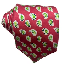 J McLaughlin Mens Long Silk Tie Paisley Pink White Necktie Small Mark On Tip