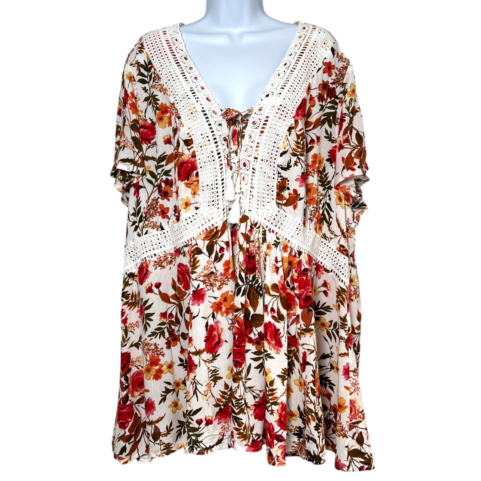 Torrid Floral Boho Babydoll Crinkle Gauze Crochet Inset Lace-up Top Size 4X